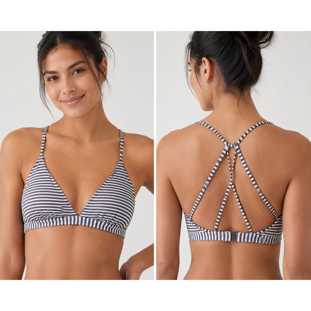 Athleta Womens Grey White Striped Caged Back Triangle Bikini Top Sz L athleisure